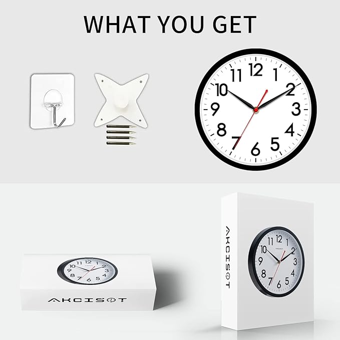 AKCISOT 14 Inch Wall Clock Silent Non-Ticking Modern Wall Clocks Battery Operated - Analog Classic Clock for Office, Home, Bathroom, Kitchen, Bedroom, School, Living Room(Black)