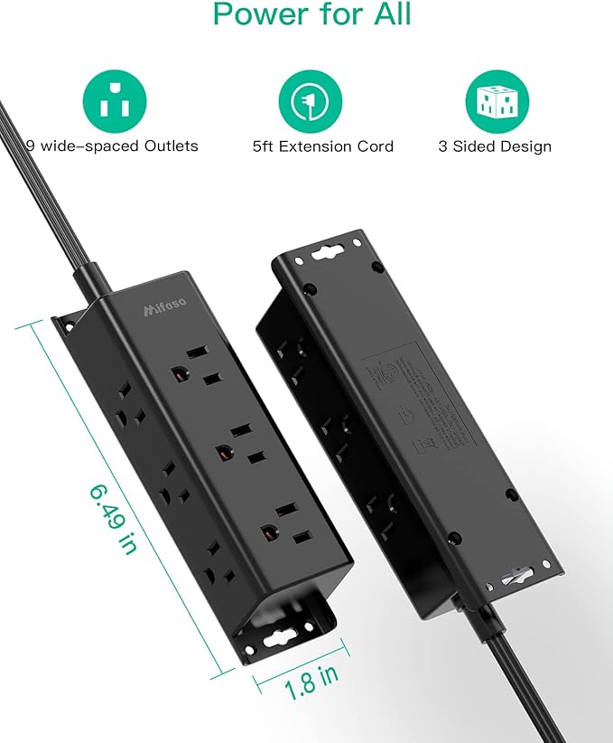 Surge Protector Power Strip - 9 Widely Spaced Multi Outlets, Wall Mount, 3 Side Outlet Extender with Extension Cord, Flat Plug, Overload Protection, Home Office Dorm Room Essentials (5FT, Black)