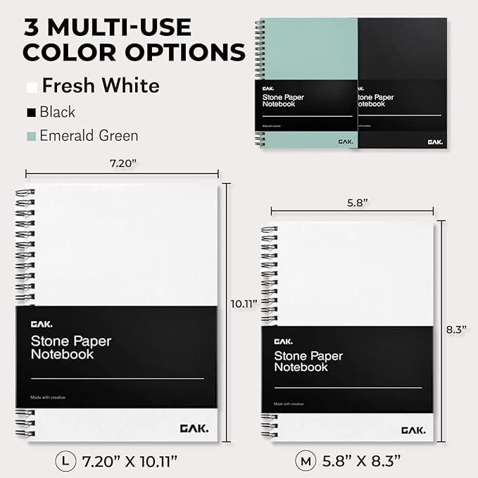 GAK. Stone Paper Waterproof Sheet Spiral Notebook (M Size) – 5.8”x8.3”, 50 sheets, Stone Paper Notebook Journal Note Taking Waterproof Notepad College Ruled Paper Black Notebook Aesthetic School