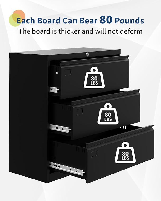 GarveeHome Lateral File Cabinet 3 Drawer, Metal Filing Cabinet with Lock & Keys, Fit Letter/Legal/A4 Size Documents, Easy to Assemble for Home Office & Workspaces