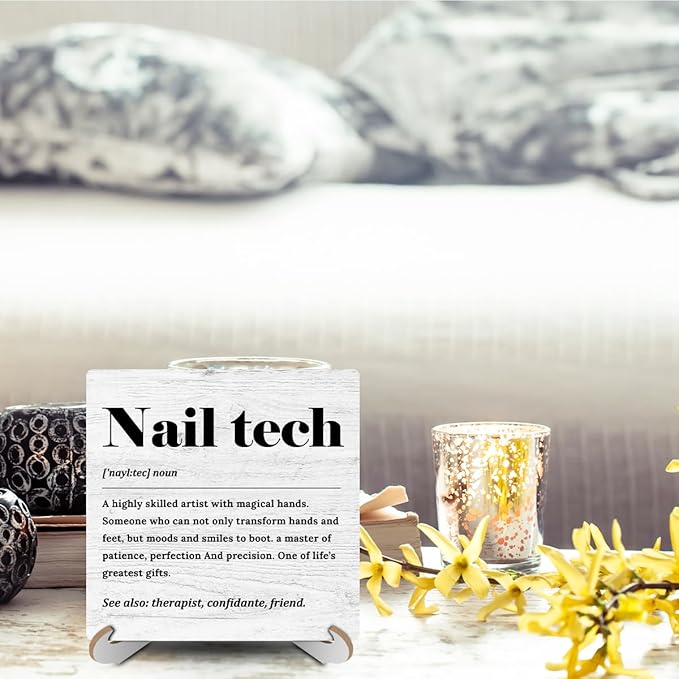 Nail Tech Definition Wood Sign Desk Decor Rustic Nail Salon Office Cubicle Decor Inspirational Plaque with Wooden Stand Farmhouse Nail Technician Desk Accessories for Home Table Shelf Tiered Tray