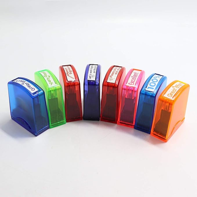 Reliancer Colorful Self-Inking Motivation School Grading Teacher Stamp Set and Tray (8-Piece)