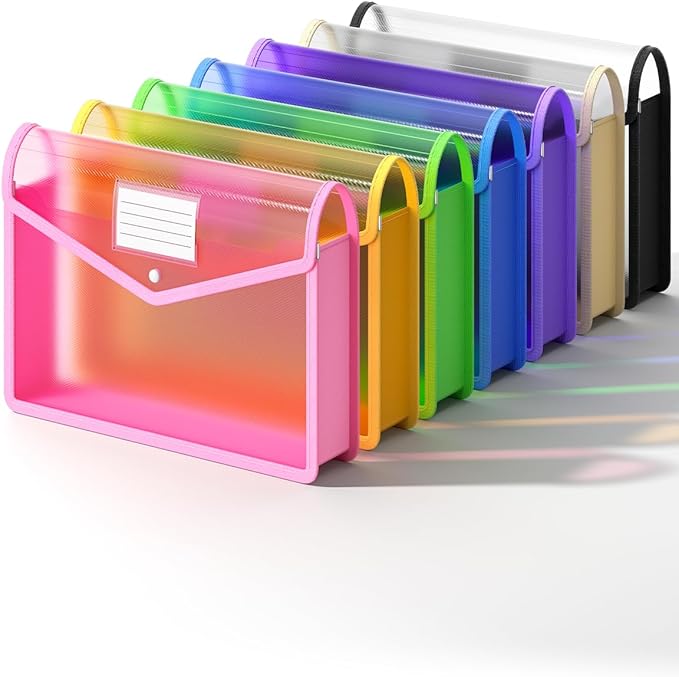 Plastic Expanding File Folder, Transparent envelopes with Snap Closure,No Dividers,Large Capacity,Assorted Colors,Bills&Taxes,Letter/A4 Size for School/Office/Home-7 Pack