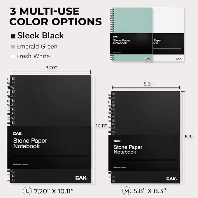 GAK. Stone Paper Waterproof Spiral Notebook, 7.20”x10.11”, 50 sheets, Durable Notebook, Eco-Friendly Mineral Stone Paper Notebook, Waterproof Notepad, Ruled, Black