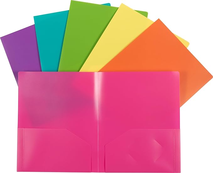 JAM PAPER Heavy Duty Plastic 2 Pocket Extra Tough School Folders - Assorted Fashion Colors - Bulk 144 Folders/Box (24 Assorted Packs of 6)