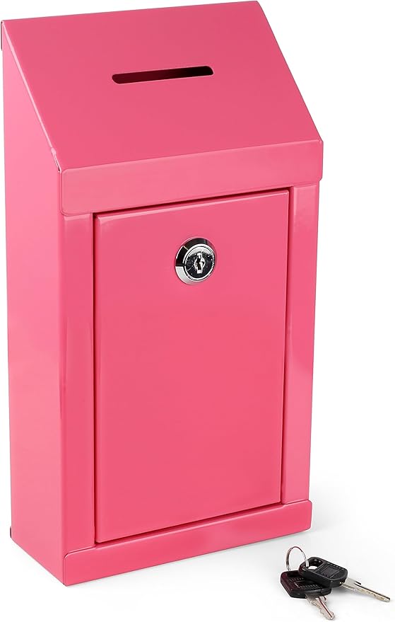 Metal Donation Box-Suggestion Box with Slot and lock-Cash Lock box for Money-Secure Drop Box-Comment and ballot voting box-comes with pre-drilled holes for easy wall mounting 10 X 6 X 2.5"(Pink)