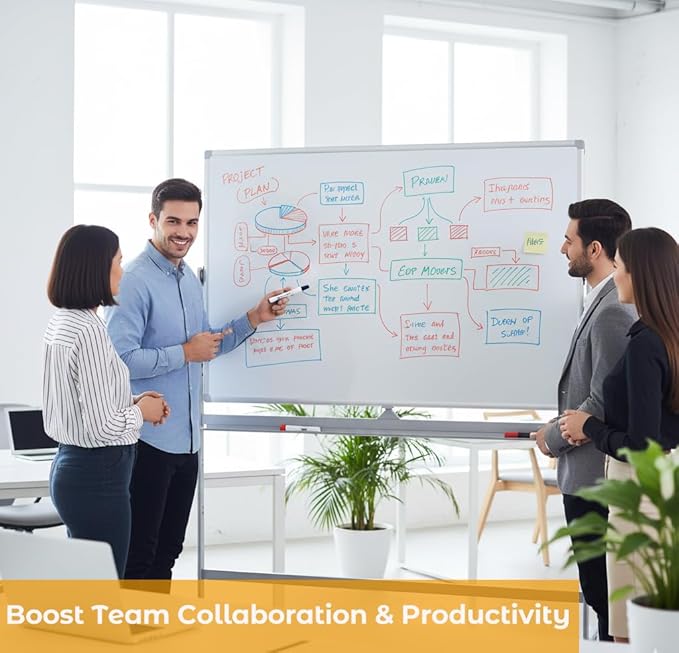 Large Double Sided Whiteboard 72x40 inches on Wheels - Height Adjustable Mobile Magnetic Dry Erase Board with Rolling Stand for Office Meetings, Classroom Teaching, Home, Silver Frame