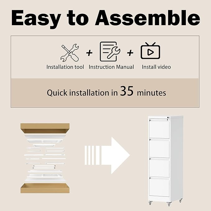 File Cabinet with Lock, 4 Drawers Filing Cabient with Wheel, Steel Vertical Filing Storage Cabinet for Home Office, Heavy-Duty File Cabinets for Letters/Legal/A4 (Require Assembly, White)