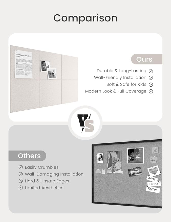 Bumusty Large Cork Board 36"x24" Alternative - 6 Pack Felt Wall Tiles with 40 Safe Removable Adhesive Tabs, 30 Pushpins, Cork Boards for Walls Pin Board Bulletin Board Office Decor (Oatmeal)