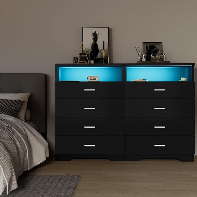 Dresser with Power Outlets and LED Lights Wooden 4 Drawer Dresser with Large Organizer Tall Black Drawer for Bedroom Modern Chest of Drawers Closet for Living Room Kids Room