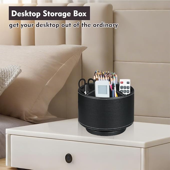 Fanousy 360° Rotating Pen Holder for Desk, Leather Pencil Pen Organizer Remote Control Holder Table Desktop Nightstand Organizer Caddy Storage, Office Desk Organizers And Accessories 5.5x5.5x4.0 Inch