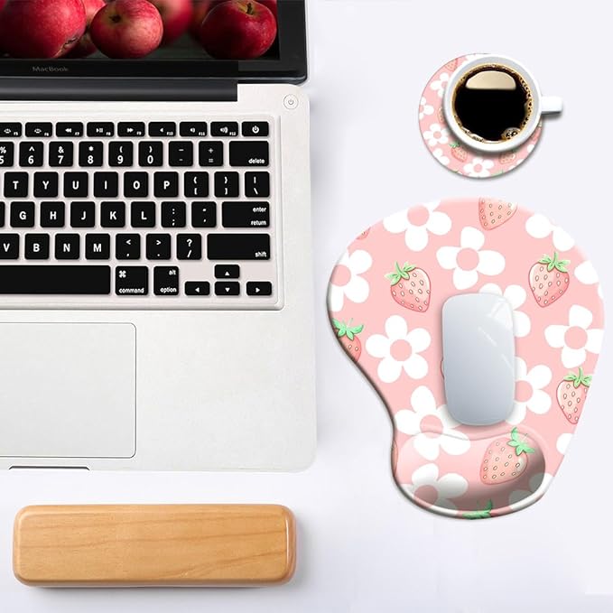 Ergonomic Mouse Pad with Wrist Support,Mouse Pad with Wrist Rest and Coaster Set,Office Supplies Non-Slip Mouse Pads for Desk, Non-Slip Comfortable,Pink Floral Kawaii