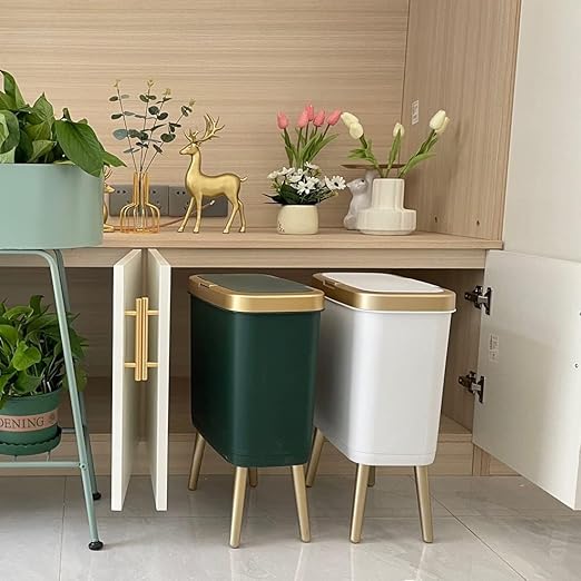 Procade Trash Can with Lid,Small Bathroom Garbage Can with Lid, Plastic Trash Can with Push Button,Narrow Waste Basket for Bedroom,Living Room, Toilet,Office,Kitchen,4 Gal-Gold Edge