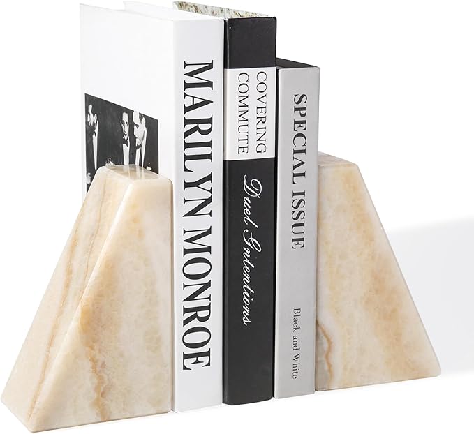 Koville Marble Bookends for Shelves, Large Bookends for Heavy Books, Non-Slip 7Lbs Stone Book Ends for CD/Movies, Modern Decorative Bookends for Shelves Table Home Decor(Navona)