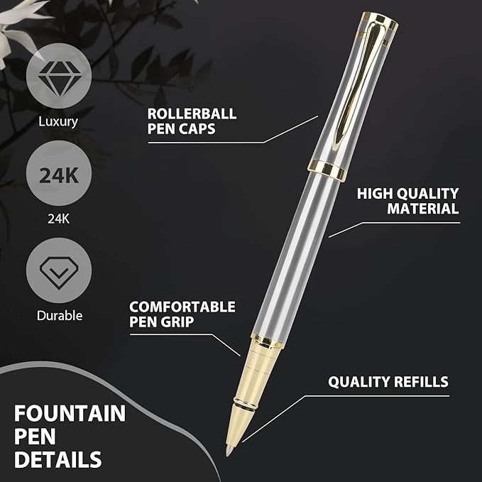 cheericome Luxury Ballpoint Pen - Professional Pen, Executive Pen, Journal Pen, Perfect for Silky Smooth Writing, with Gift Box, Nice Pen for Men and Women, 2 Extra 0.5mm Black Refills - Silver
