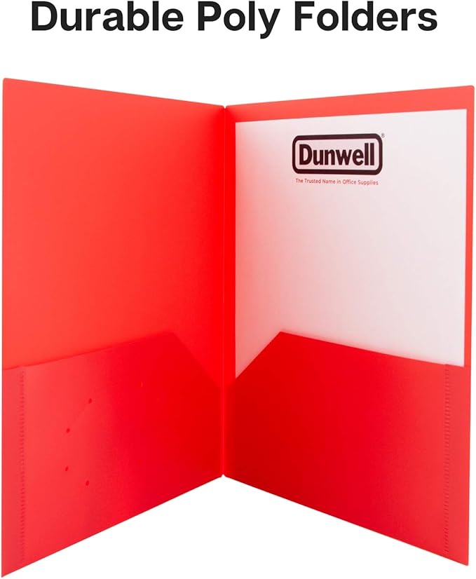 Dunwell Plastic Folders with Pockets (Red, 3 Pack), 2 Pocket Poly Folders for School, Home or Office, Durable Acid-Free Poly, Includes Removable Adhesive Labels