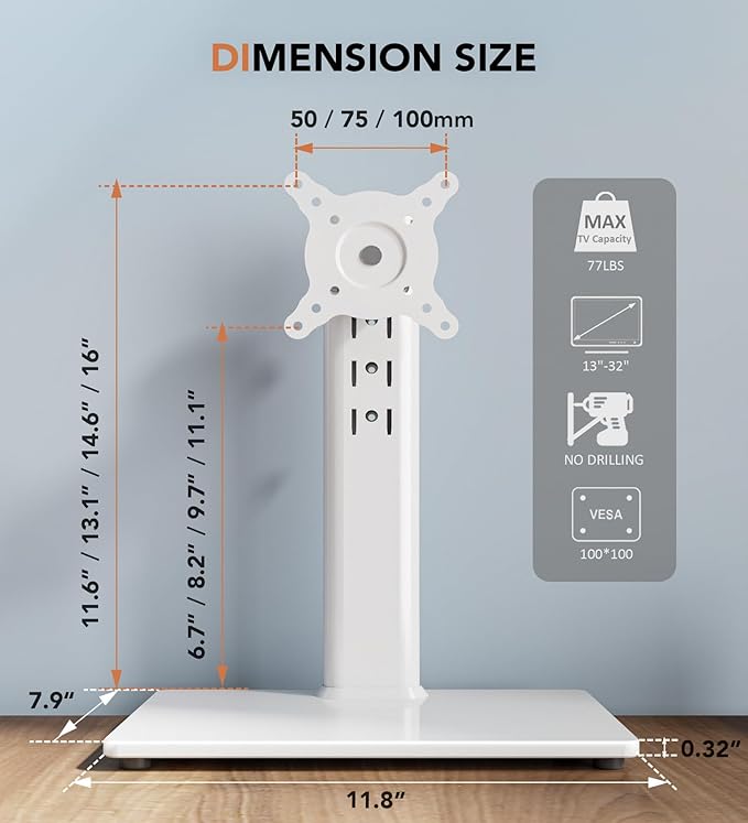 Single LCD Computer Monitor Free-Standing Desk Stand Riser for 13 inch to 32 inch Screen with Swivel, Height Adjustable, Rotation, Holds One (1) Screen up to 77Lbs(HT05W-001) White