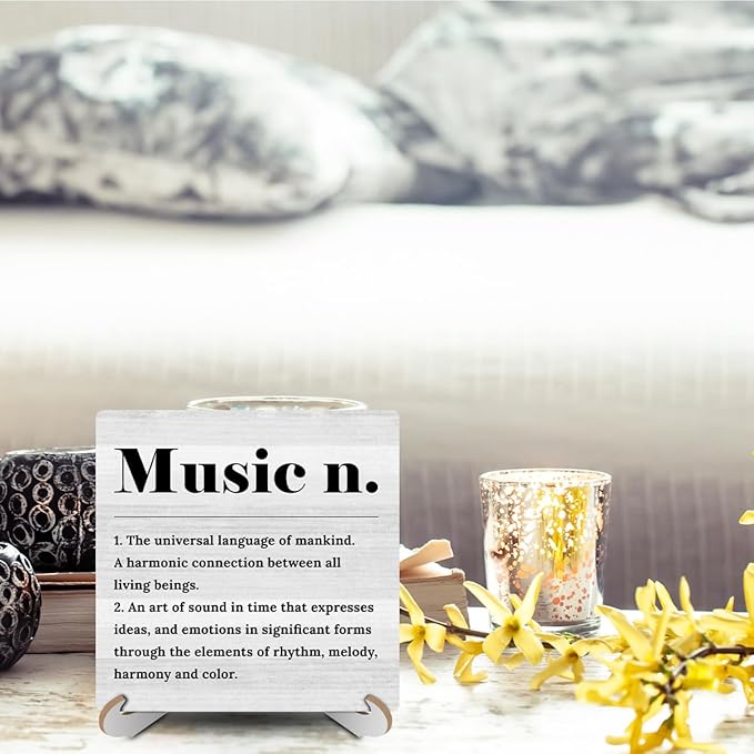 Music Definition Wood Sign Desk Decor Positive Rustic Office Cubicle Decor Inspirational Plaque with Wooden Stand Farmhouse Office Desk Accessories for Home Table Shelf Tiered Tray Musician Gifts