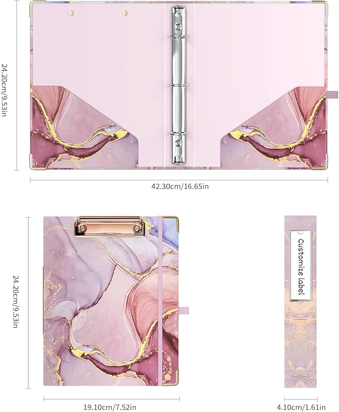 Ospelelf Mini 3 Ring Binder 1 Inch, Cute Pink Marble for 5.5" x 8.5" With 5 Tab Dividers, File Folder Labels and Low Profile Clipboards for School and Office Supplies