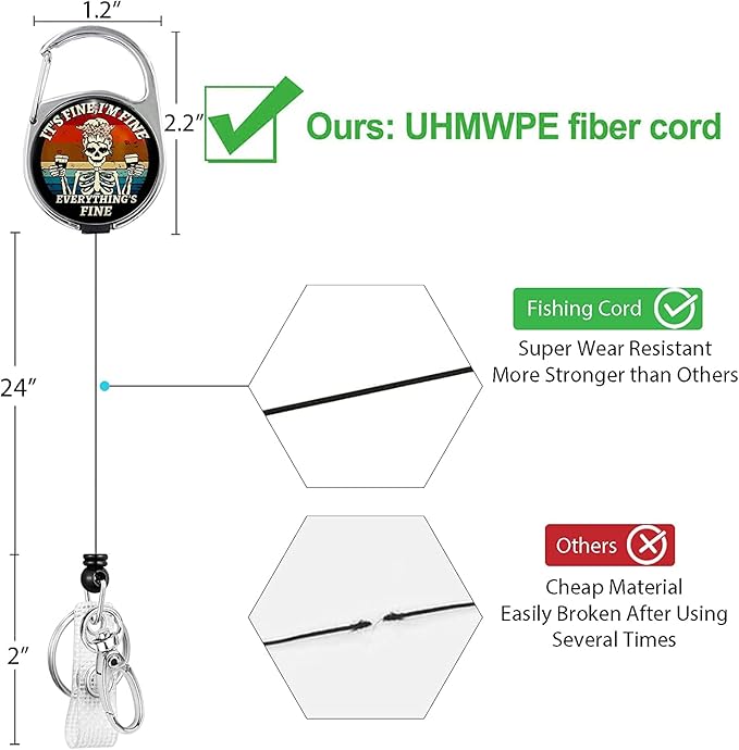 It's Fine I'm Fine Everything's Fine Funny Badge Reel Holder Retractable Heavy Duty with 360° Swivel Carabiner Belt Clip, Nurse Nursing Teacher Retractable Keychain ID Clip ID Holder Name Badge Clip