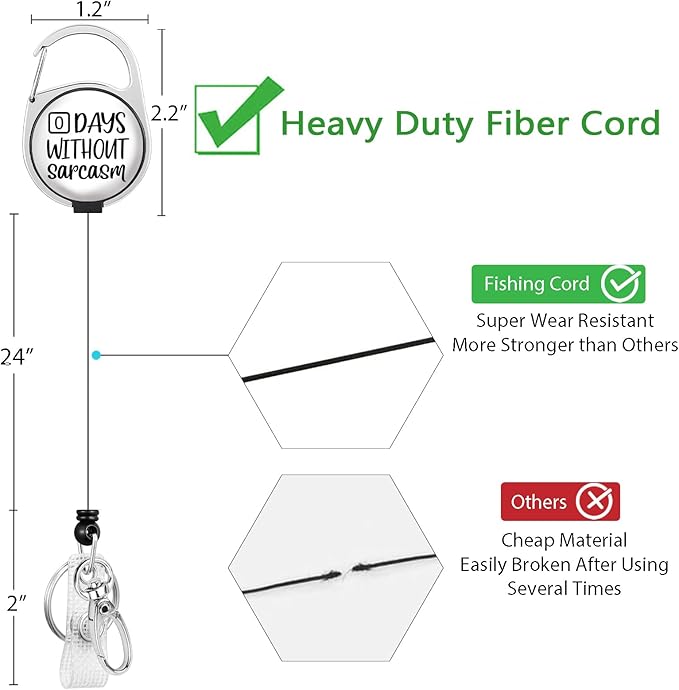 Gctriki Funny Badge Reel Retractable Heavy Duty with 360° Swivel Carabiner Clip, Cute ID Badge Holder, Nurse Teacher Retractable Keychain Name Badge Clip - Nurse Gifts(Zero Days Without Sarcasm)