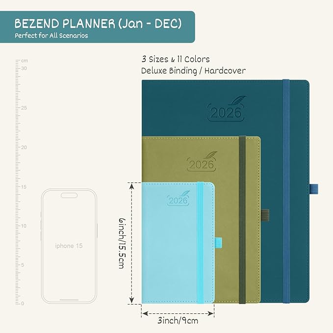 BEZEND Pocket Calendar 2026 Weekly and Monthly (3.5" x 6") Small Daily Planner for Purse (Jan-Dec) with Notes & Expenses, Inner Pocket, Pen Holder, Vegan Leather Hardcover - Turquoise