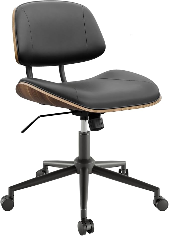 Armless Office Chair with Wheels, PU Leather Adjustable Height Desk Chair - 360° Swivel Ergonomic Computer Chair for Small Space, Modern Walnut Style, Home & Meeting Room, Black