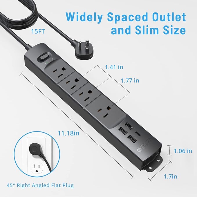 TROND Surge Protector Power Strip with USB, Ultra Thin Flat Plug 15ft Long Extension Cord 1625W, 3 USB A & 1 Type C, 4 AC Outlets 1440J Surge Protection Wall Mount for Home Office Dorm Room, Black