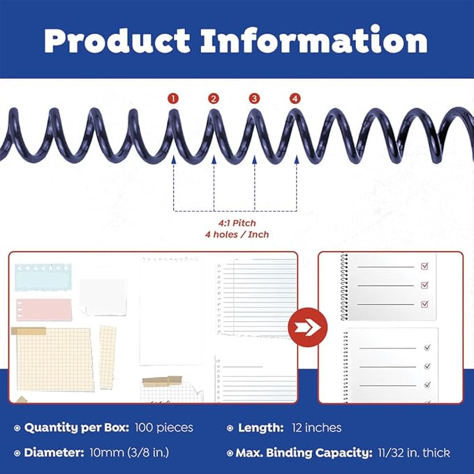 TruBind 13mm (1/2 in.) Spiral Binding Coils for Reports, Presentations and Proposals | 4:1 Pitch | 12 in. Length | Navy | 105 Sheets Binding Capacity | 100 Pack