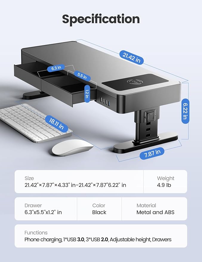 meatanty Monitor Stand Heights Adjustable, Computer Riser with Auto Phone Charger, 4 USB Ports Hub and Drawer Storage, Metal Desktop Organizer Lifter Shelf for PC Screen Studio Display Office Gaming