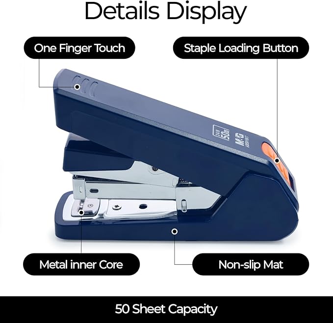 M&G Effortless Stapler 50 Sheet Capacity One-Touch Stapling, Heavy Duty Desktop Stapler Includes 1000 Staples and Remover, Portable Handheld Staplers for Home & Office (Dark Blue)