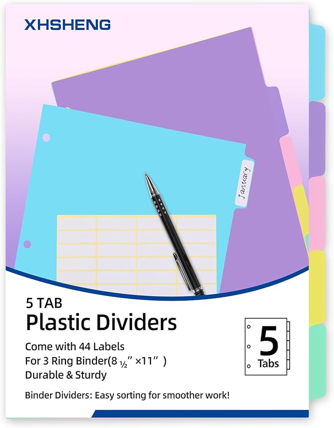 5 Tab Binder Dividers with Tabs,for 3 Ring Binder,Plastic File Dividers, Pastel Color,Letter Size,6 Sets