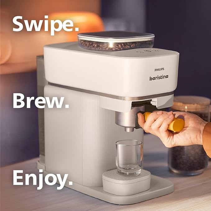 Philips Baristina Espresso Machine, Grind, Tamp & Brew Coffee Beans in One Swipe, Compact, 16 Bar Pump Pressure, Automatic Grinder, Natural White with Ash Wood Portafilter (BAR302/20)