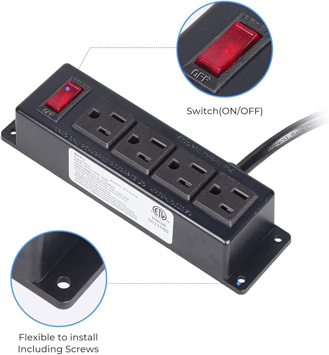 Mountable Power Strip with 4 Outlet, Wall Mount Under Desk Power Strip with 10ft Cord, Flat Plug Power Socket for Home, Office, Industrial, Black