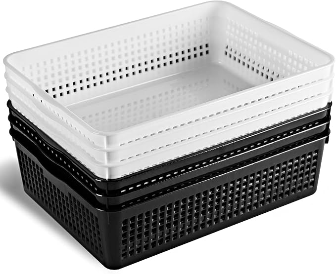 A4 Size Plastic Storage Basket,Desktop File Paper Letter Organizer Tray, 6-Packs (White+Black)