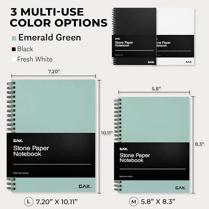 GAK. Stone Paper Waterproof Sheet Spiral Notebook (M Size) – 5.8”x8.3”, 50 sheets, Stone Paper Notebook Journal Note Taking - Waterproof Notepad College Ruled Paper Black Notebook Aesthetic School