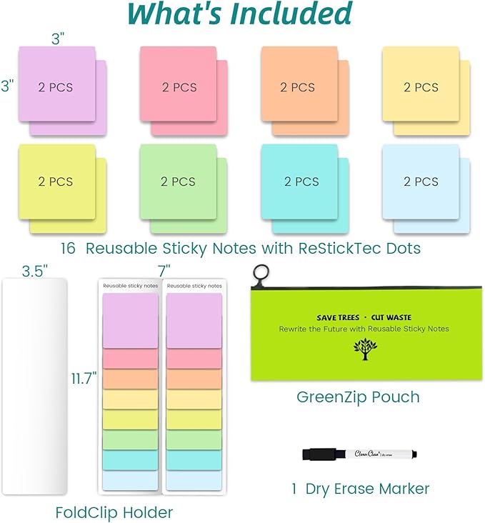 Dry Erase Sticky Notes - 16 Pcs, 8 Vibrant Colors, 3"x3" Whiteboard Stickers for Labels, Lists, Notes, Reminders - Restickable and Washable