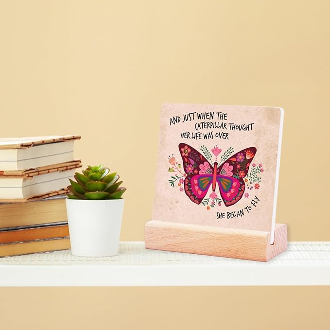 Inspirational Butterfly Gifts for Teen Girls Women Birthday Christmas-Encouragement Gift Cheer Up Gifts for Friends-Motivational Sign Ceramic Plaque-She Began To Fly Sign
