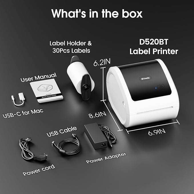 Bluetooth Shipping Label Printer 4x6 - D520BT Bluetooth Thermal Label Printer for Small Business, Shipping Packages, Compatible with USPS, Shopify, Amazon