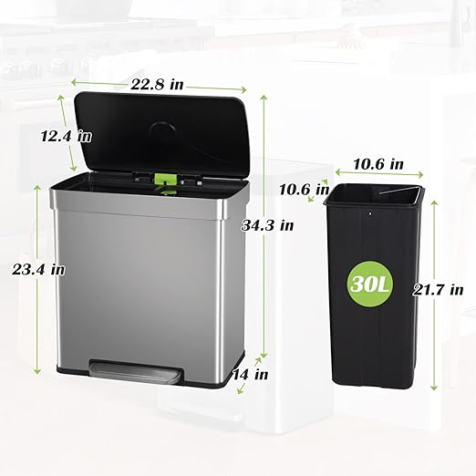 60 Liter Trash Can Soft-Close, Smude Resistant Trash Can with Foot Pedal-Brushed Stainless Steel and Two Independent Drums Waste Bin for Home, Kitchen, Office, Bathroom