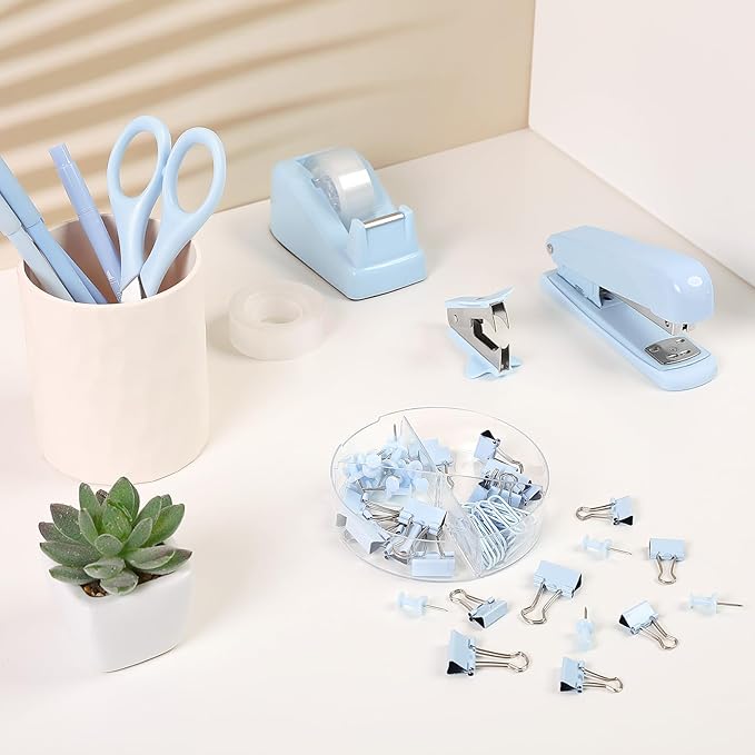 SKYDUE Blue Office Desk Accessories, Blue Office Supplies, Stapler, Tape Dispenser, Scissors, Clips and 1000pcs Staples,Desk Supplies for Women