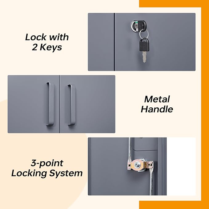 STANI Metal Storage Cabinet with 2 Adjustable Shelves Steel Counter Cabinet with Lockable Doors for Home Office