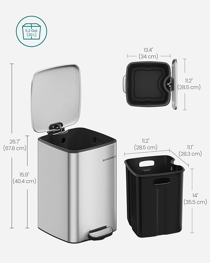 SONGMICS Kitchen Trash Can, 5.2-Gallon (20 L) Trash Bin, Stainless Steel Garbage Can, with Inner Bucket, Soft Close and Stays Open, Metallic Silver ULTB592E01