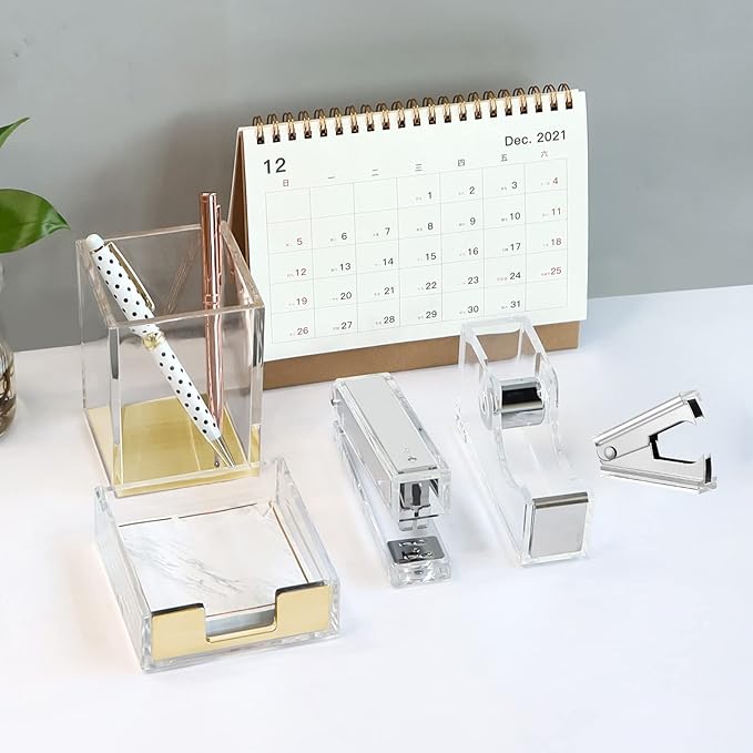 Acrylic Silver Tape Dispenser Desktop Stapler, Acrylic Office Supplies Includes Staple Remover, Tape, 1000pcs Staples Desk Accessory Kit, Cute Office Stapler Set for Modern Design Office Desktop