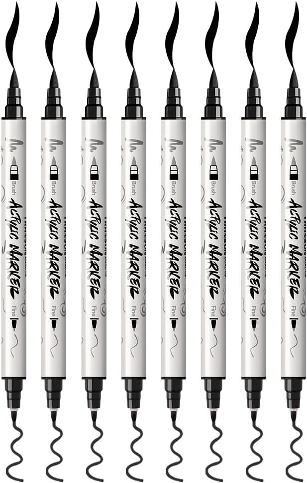 TRANSON 8 Pack Black Brush and Fine Dual-tip Acrylic Paint Marker for DIY Glass Canvas Wood Leather Ceramic Rock Painting