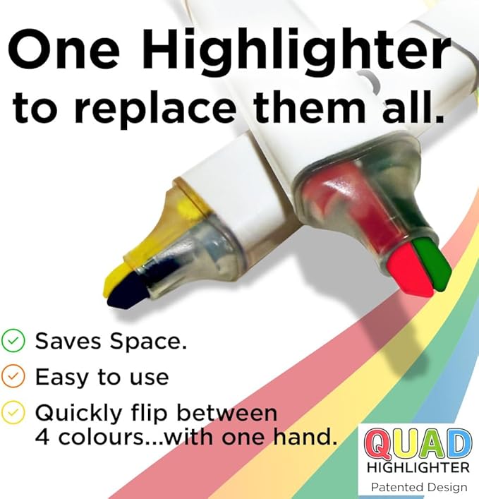 Pikk-it Quad Highlighter - 4 Colours (2 Per Side), Chisel Tip - No Bleed & Quick Dry - Pack of 4