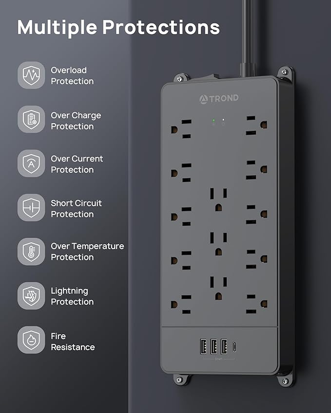 TROND Surge Protector Power Strip 15 ft Cord - Long Extension Cord, 13 Widely-Spaced Outlets Expansion with USB C Ports, 4000 Joules, Flat Plug, Wall Mount, ETL Listed, Office Desk Accessory, Black