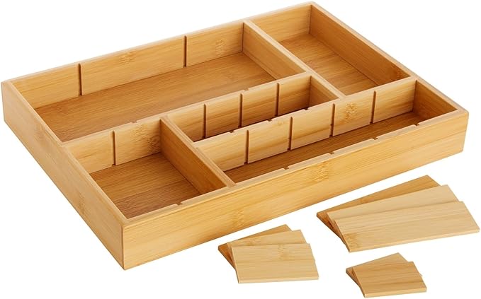 Juvale Drawer Organizer Tray - 8-Slot Drawer Divider for Utensils - Versatile Silverware Holder - Desk Tray for Office Supplies - 14 x 10 x 2 in, Brown, Bamboo