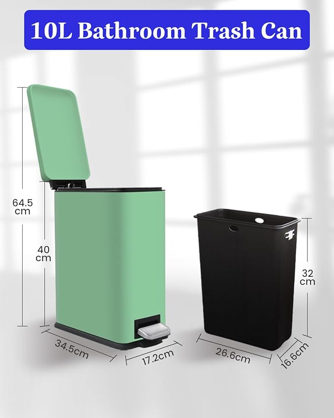 Rubbish Bin with Lid, 10 L, Stainless Steel Bathroom Waste Bin, Small Waste Bin, Pedal Bin, Stainless Steel for Bathroom, Bedroom and Office, Green
