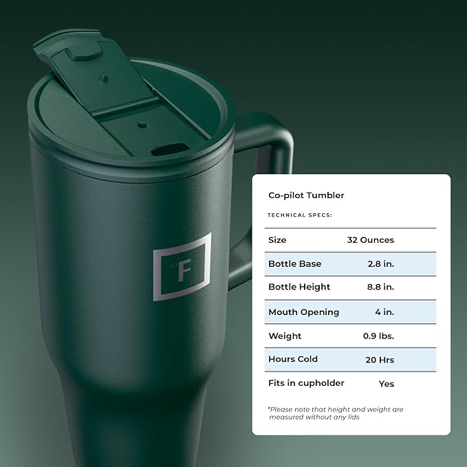 IRON °FLASK Co-Pilot Insulated Mug w/Straw & Flip Cap Lids - Cup Holder Bottle for Hot, Cold Drink - Leak-Proof - Water, Coffee Portable Travel Mug - Dark Pine, 32 Oz